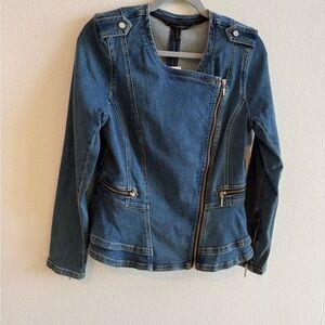 New with tags! WHBM Blue Denim Asymmetrical Zip Jacket, Size 8